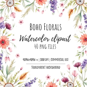 Clipart de flores bohemias en acuarela: PNG florales pintados a mano, ilustraciones de flores bohemias, clipart de boda rústica, arte digital de ramos