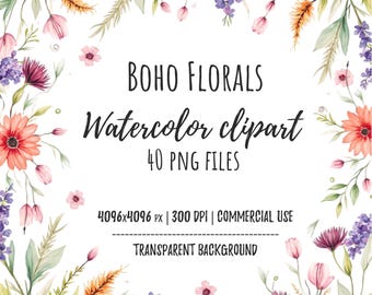 Watercolor Boho Flowers Clipart – Hand Painted Floral PNG, Bohemian Flower Illustrations, Rustic Wedding Clipart, Digital Bouquet Art