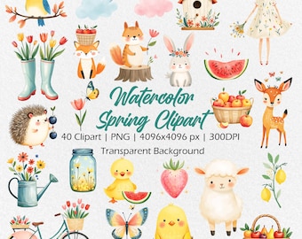 Welcome Spring watercolor clipart, 40 spring png, hello spring clipart, spring garden, animals, floral spring art, nursery, baby shower