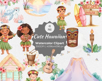 Watercolor Hawaii Clipart, Tropical Island PNG Illustrations (Digital Download)