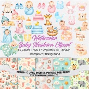 Set di clipart per neonati ad acquerello: illustrazioni carine per neonati, grafica per bambini dipinta a mano, PNG per baby shower digitale, arte per bambini