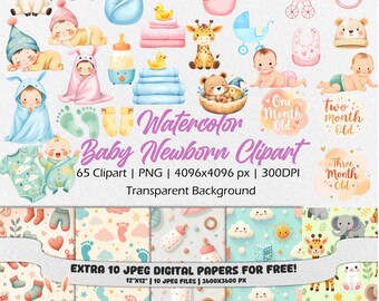 Watercolor Newborn Baby Clipart Set – Cute Infant Illustrations, Hand Painted Baby Graphics, Digital Baby Shower PNG, Nursery Art