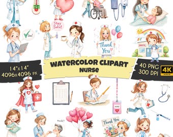 Watercolor Nurse Clipart, Set of 40, Medical Clipart, Nurse Elements, Medical Hospital Graphics, Instant Digital Download, Commercial Use