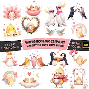 40 aquarelle amour oiseaux Clipart PNG, aquarelle coloré oiseau romantique, sublimation d'oiseau, tourtereaux mignons pour carte, usage Commercial