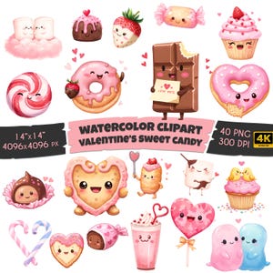 40 Clipart de doces fofos de aquarela para namorados, comida kawaii PNG, pacote de clipart colorido, corações, cupcakes, muffin, uso comercial