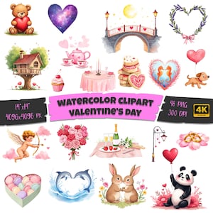 48 Watercolor Valentines Day Clipart, Red and Pink Valentine Graphics, Cute Valentine - Love Couple, Roses, Romantic PNG, Commercial use