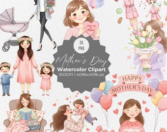 Watercolor Mother's Day Clipart, Floral Mom Illustrations PNG, Hand-Painted Love Elements, Cute Mother’s Day Digital Stickers Download
