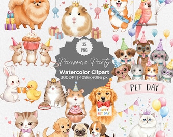 Watercolor Pawsome Party Clipart, Funny Dogs Birthday Animals PNG, Cute Pet Day Digital Download, Dog Party Decorations, Puppy Clip Art