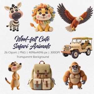 Images clipart animaux de safari en feutre de laine, éléments de safari, bébés animaux de safari mignons PNG, illustration d'animaux d'Afrique, clipart chambre d'enfant, PNG de la jungle