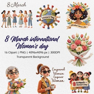 16 Internationaler Frauentag Clipart, starke Frau, glücklicher Frauentag PNG, 8 März Frauentag, weibliches Clipart-Bundle, Mädchen-Power-Drucke