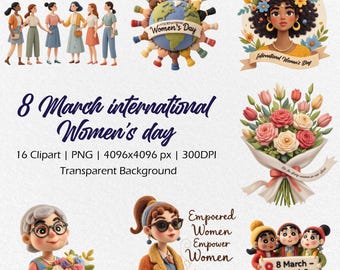 16 International Women's Day Clipart, Strong Woman, Happy Women's Day PNG, 8 March Womans Day, Feminine Clipart Bundle, girl power prints