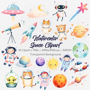 Space watercolor clipart, Cute Astronauts PNG, planets clip art, Alien, Rockets, Nursery Decor, Birthday Party, Boy Baby Shower Printables