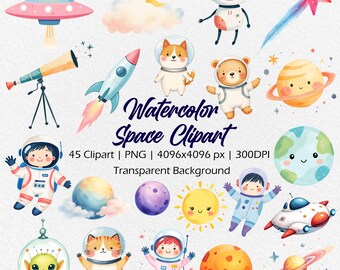 Space watercolor clipart, Cute Astronauts PNG, planets clip art, Alien, Rockets, Nursery Decor, Birthday Party, Boy Baby Shower Printables
