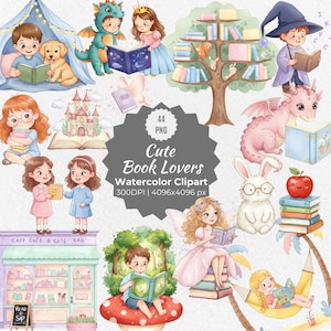 Clipart aquarelle enfants amateurs de livres, Illustrations de la Journée mondiale du livre PNG, art de lecture pour enfants peint à la main, mignon rat de bibliothèque en téléchargement numérique