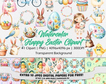 Watercolor Easter Clipart, Happy Easter Digital Paper Set, Spring clipart, Easter Bunny PNG, Easter Egg, Cute easter illustrations, Nursery