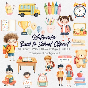Watercolor Back to School Clipart School Supply Teacher Clipart PNG School Bus Clipart Watercolour illustration Study Clipart Commercial Use