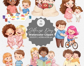 Watercolor Siblings Clipart – Hand Painted Brother & Sister PNG, Cute Family Illustrations, Childhood Moments Art, Digital Download