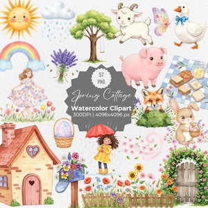 Watercolor Spring Cottage Clipart – Hand Painted Floral House PNG, Cozy Countryside Illustrations, Rustic Garden Graphics, Digital Art