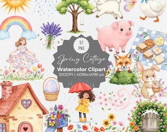 Watercolor Spring Cottage Clipart – Hand Painted Floral House PNG, Cozy Countryside Illustrations, Rustic Garden Graphics, Digital Art