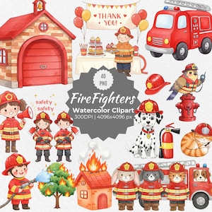 Clipart de bombeiros em aquarela, caminhão de bombeiros PNG, ilustrações de bombeiros pintadas à mão, download digital de heróis de resgate fofos, arte de emergência infantil