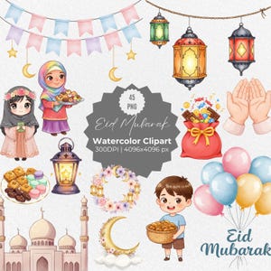 Clipart de acuarela para Eid: arte islámico pintado a mano, ilustraciones de luna creciente y linterna, gráficos de Ramadán y Eid Mubarak, conjunto digital