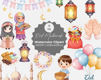 Watercolor Eid Clipart – Hand Painted Islamic Art PNG, Crescent Moon and Lantern Illustrations, Ramadan & Eid Mubarak Graphics, Digital Set