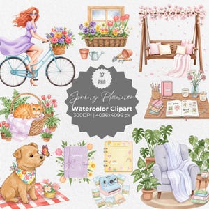 Watercolor Spring Planner Clipart, Junk Journal Stickers PNG, Cute Planner Girl Elements, Hand-Painted Floral Organization, Digital Download