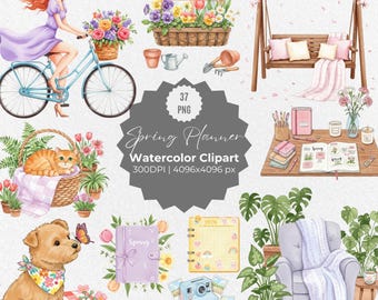 Watercolor Spring Planner Clipart, Junk Journal Stickers PNG, Cute Planner Girl Elements, Hand-Painted Floral Organization, Digital Download