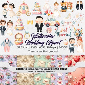 Clipart di nozze carine ad acquerello – PNG nuziale dipinto a mano, illustrazioni di nozze romantiche, grafica di sposi e sposi, arte floreale per matrimoni