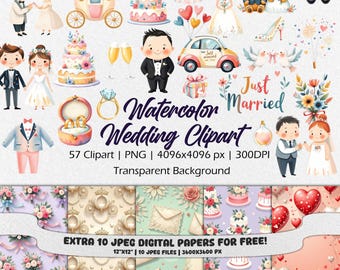 Watercolor Cute Wedding Clipart – Hand Painted Bridal PNG, Romantic Wedding Illustrations, Bride and Groom Graphics, Floral Wedding Art