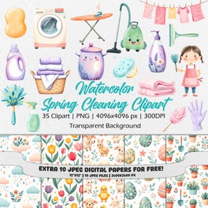 Watercolor Spring Cleaning Clipart – Hand Painted Cleaning Supplies PNG, Household Chores Illustrations, Home Organization Graphics