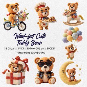 18 Wool-felt Cute Teddy Bear clipart, baby shower clipart, Paper crafts, Nursery Wall Art, teddy bear fly, PNG, cartoon animals