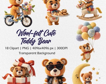 18 Wool-felt Cute Teddy Bear clipart, baby shower clipart, Paper crafts, Nursery Wall Art, teddy bear fly, PNG, cartoon animals