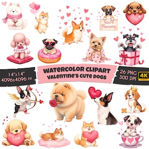 26 Cute Dogs Clipart, Watercolor Valentine Dogs Clipart, Kawaii Dog PNG, Cute Animals, Puppy Clipart, Commercial use, Digital Download