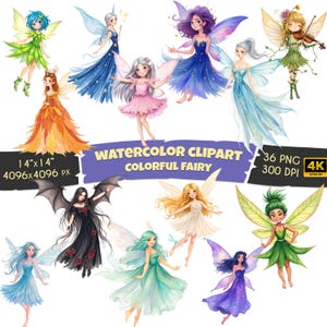 Ensemble de clipart fée aquarelle - Illustrations de fées fantastiques magiques, fées peintes à la main PNG, art féerique lunatique, téléchargement numérique