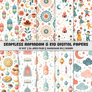 Papiers numériques pour le ramadan et l'Aïd, 26 modèles sans couture pour l'Aïd, motif ramadan, motif islamique, illustrations islamiques imprimables, scrapbooking