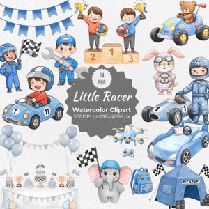 Aquarell kleiner Rennfahrer Clipart-Set, süßes Rennauto Geburtstag PNG, handgemalte Kinder Illustrationen, Junge Party Dekor digitaler Download
