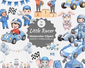 Watercolor Little Racer Clipart Set, Cute Race Car Birthday PNG, Hand-Painted Kids Racing Illustrations, Boy Party Decor Digital Download