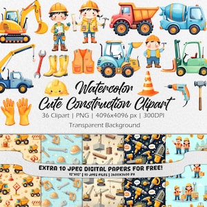 Clipart construction aquarelle, véhicules de construction, anniversaire de construction PNG, camion de construction mignon, clipart chambre d'enfant, usage commercial