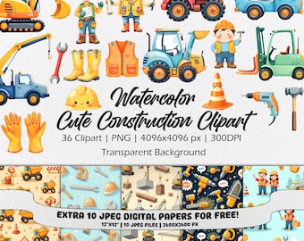 Watercolor Construction Clipart, Trucks, PNG (Digital Download)