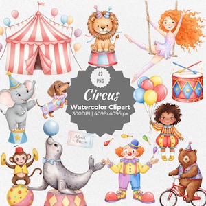 Set di clipart di circo ad acquerello, PNG di carnevale dipinti a mano, illustrazioni di simpatici animali da circo, download digitale del tendone del circo, arte per feste circensi