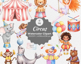Watercolor Circus Clipart Set, Hand-Painted Carnival PNG, Cute Circus Animals Illustrations, Big Top Tent Digital Download, Circus Party Art