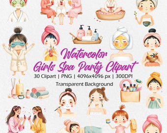Girl Spa Day Clipart, Self-care Clipart, Feminine clipart, spa girls png, pajama party, spa party ,glam girl clipart, face mask bath clipart
