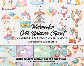 Watercolor Unicorn Clipart, Pastel Rainbow Unicorn, Cute Unicorn PNG, Magical Unicorn Graphics, Unicorn Party, Party Invitation Clipart