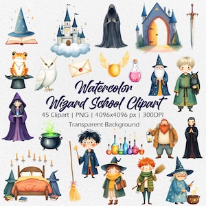 Cute Wizard School Clipart, 45 Magic Clipart, Wizard World, Potions, Owl, PNG, Little Wizards, Kids Clipart, Nursery Decor