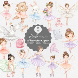 Clipart ballerine aquarelle - danseuse de ballet peinte à la main PNG, illustrations de ballet élégant, art tutus et chaussons de pointe, ensemble numérique de danse
