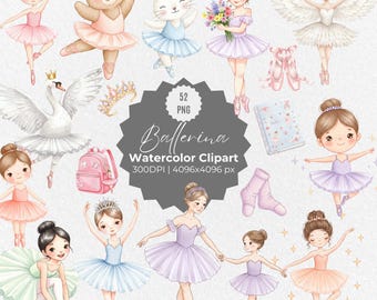 Watercolor Ballerina Clipart – Hand Painted Ballet Dancer PNG, Elegant Ballet Illustrations, Tutus & Pointe Shoes Art, Dance Digital Set