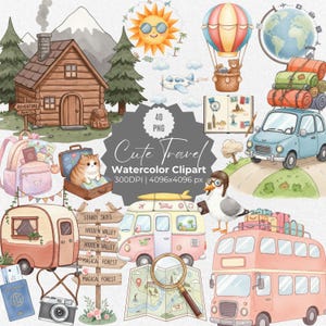 Aquarell niedlich Reise Clipart, Abenteuer Urlaub PNG, handbemalte Reise-Elemente, Koffer Flugzeug Digital Download, Fernweh Kunst