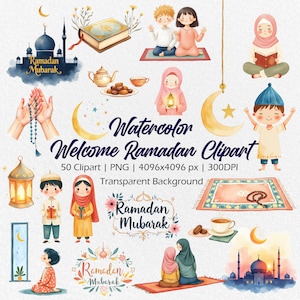 Akwarela Ramadan Kareem Clipart, 50 Wydrukowanych Islamskich Ilustracji PNG, Dekoracje Ramadan Mubarak, Latarnia, Meczet Natychmiastowe pobranie