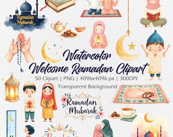 Watercolor Ramadan Kareem Clipart, 50 Printable Islamic Illustrations PNG, Ramadan Mubarak decorations, Lantern, Mosque Instant download